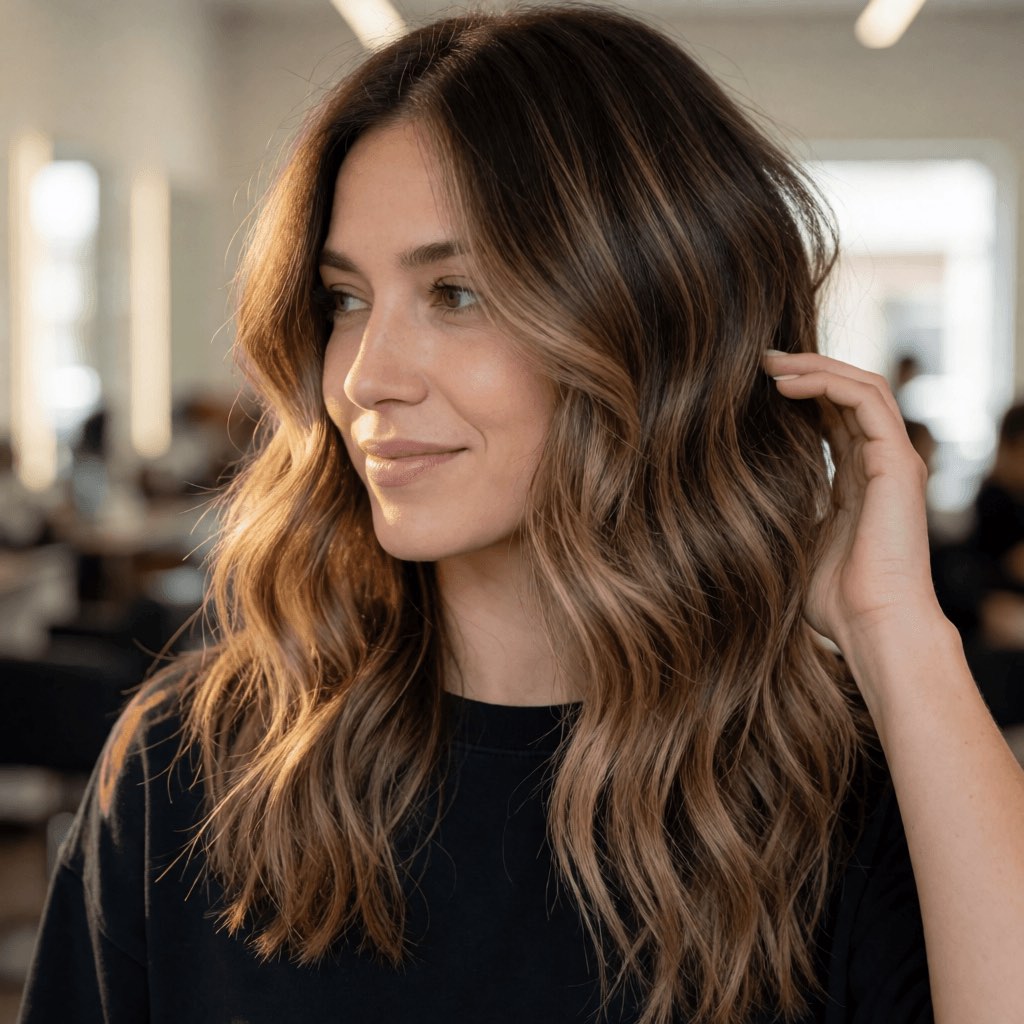 Kundin mit langen, gewellten Haaren und warmen Balayage-Strähnen im Salon Stile Magico